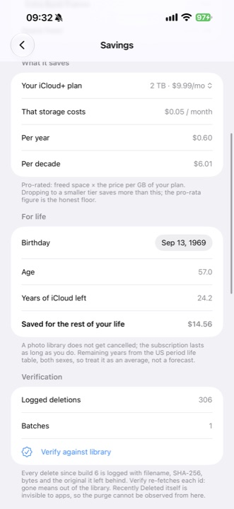 قيمة المساحة المستعادة مقارنة بخطة iCloud+، سنويًا وعقدية.